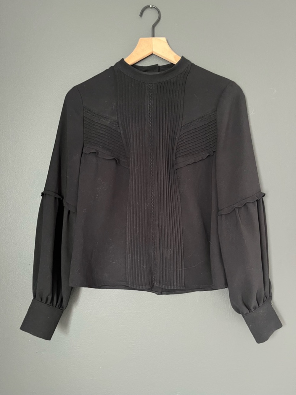 Alexis Black Pleated Long Sleeve Blouse XS High Neck - Whimsigoth